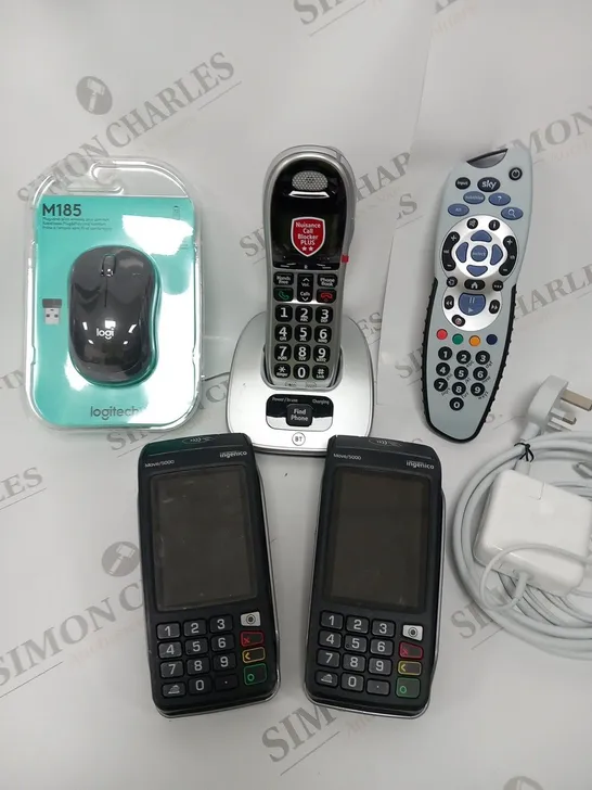 LARGE QUANTITY OF ASSORTED ELECTRICAL DEVICES AND ACCESSORIES TO INCLUDE; LOGITECH M185 MOUSE, INGENICO MOVE/500 AND BT HOME PHONE