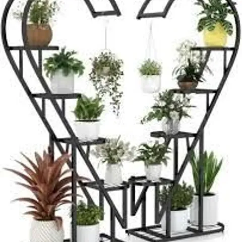 BOXED 5 TIER METAL HEART SHAPED PLANT STAND WITH HANGING HOOKS