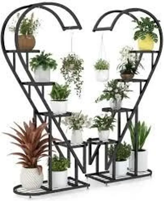 BOXED 5 TIER METAL HEART SHAPED PLANT STAND WITH HANGING HOOKS