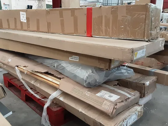 PALLET OF ASSORTED BOXED FURNITURE INCLUDING , BED , WOODEN SLATS , WARDROBE AND FURNITURE PARTS 