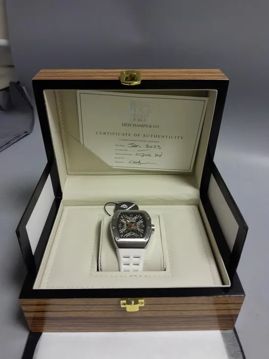 BOXED DES CHAMPS & CO AUTOMATIC GENTS WATCH SKELETON DIAL WHITE RUBBER STRAP