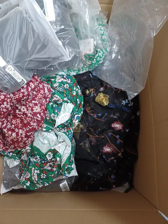 BOX OF APPROXIMATELY 25 ASSORTED CLOTHING ITEMS TO INCUDE - BEANIE , TROUSERS, SOCKS , DRESSES ,ECT 