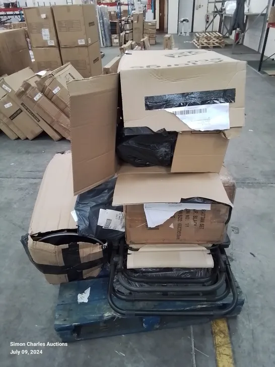 A PALLET OF VARIOUS FURNITURE PARTS AND CUSHIONS MOSTLY CHAIRS