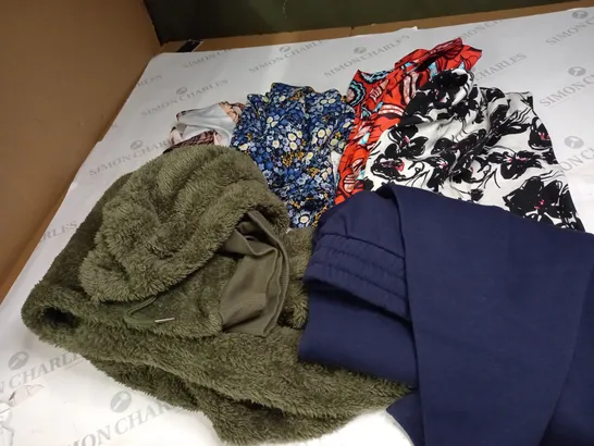 BOX OF ASSORTED CLOTHING ITEMS TOO INCLUDE JUMPERS, SHIRTS AND TROUSERS IN VARIOUS SIZES AND COLOURS   