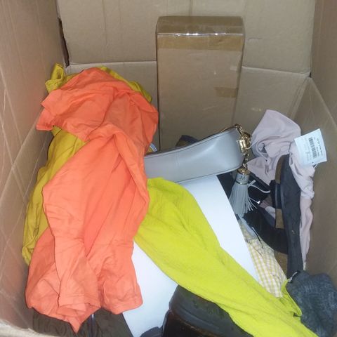 BOX OF ASSORTED CLOTHS AND SHOES 