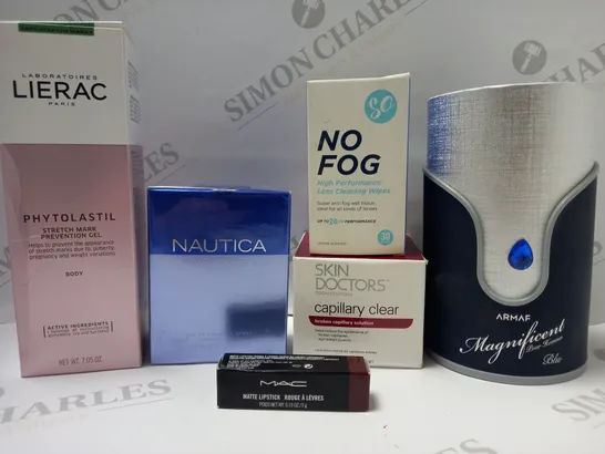 LOT OF APPROX 6 ASSORTED BEAUTY PRODUCTS TO INCLUDE SO NO FOG GLASSES LENS CLEANING WIPES, LIERAC PHYTOLASTIL STRETCH MARK PREVENTION GEL, ARMAF MEN'S MAGNIFICENT BLUE EDP SPRAY, ETC 