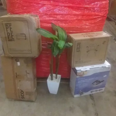 PALLET OF ASSORTED ITEMS INCLUDING CHAIR WITH HANDLES, FOOT MASSAGER, TOILET RISER, FAKE PLANT