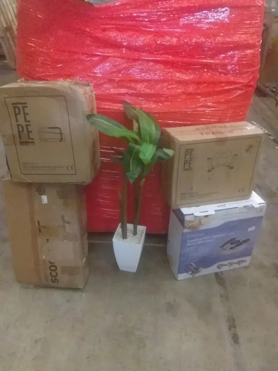 PALLET OF ASSORTED ITEMS INCLUDING CHAIR WITH HANDLES, FOOT MASSAGER, TOILET RISER, FAKE PLANT