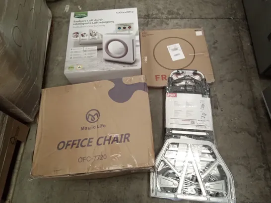 PALLET OF ASSORTED ITEMS INCLUDING COWAY MIGHTY AIR PURIFIER, MAGIC LIFE OFFICE CHAIR, ATHLON TOOLS HAND TRUCK ROUND WALL MIRROR