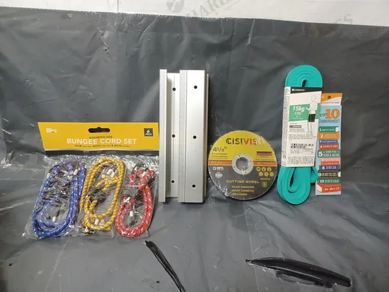 BOX OF APPROXIMATELY 15 ASSORTED ITEMS TO INCLUDE - COREGNTH RESISTANCE BAND , CISIVIS CUTTING WHEEL , BUNGEE CORD SET ETC