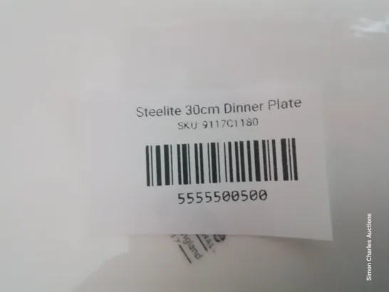 BOX OF STEELITE WHITE CROCKERY INCLUDING, 10 × 28.5cm DINNER PLATES, 4 × 30cm DINNER PLATES, 6 × 15cm SAUCERS & RECTANGULAR PLATTER