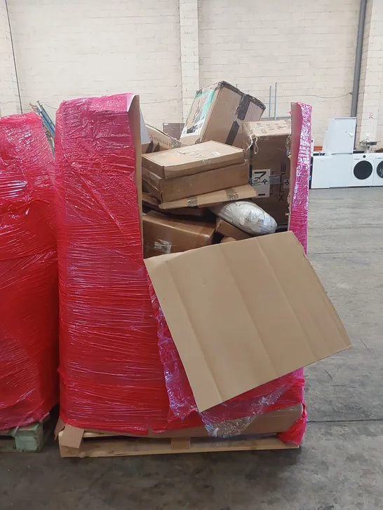 PALLET OF ASSORTED HOUSEHOLD ITEMS AND CONSUMER PRODUCTS TO INCLUDE; ARTIFICIAL PLANT, AIRFRYER, TOILET SEAT, BOXED FURNITURE ETC 