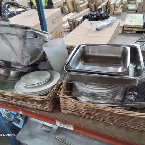 TWO WICKER BREAD BASKETS CONTAINING ASSORTED CATERING ITEMS, INCLUDING PLATTERS, TRAYS, CROCKERY, WIRE STRAINERS.