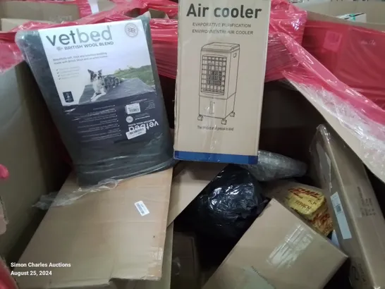 PALLET CONTAINING VARIOUS BOXED HOUSEHOLD ITEMS TO INCLUDE DOG BED, AIR COOLER ETC.