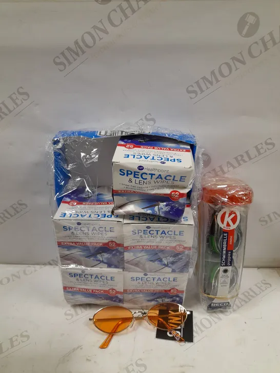 BOX OF APPOXIMATELY 12 GLASSES AND GLASSES ACCESSORIES TO INCLUDE HEALTHPOINT SPECTACLE WIPES, SVNX MINI OVAL ORANGE SUNGLASSES, BECO SWIMMING GOGGLES, ETC