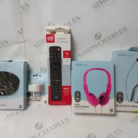 BOX OF APROXIMATELY 15 ASSORTED ITEMS TO  INCLUDE - BLUETOOTH NECKBAND - KIDS HEADPHONES - ONE FOR ALL CONTOUR ECT