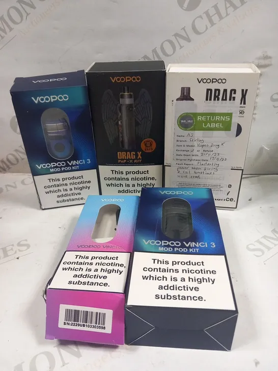 5 ASSORTED VOOPOO VAPING PRODUCTS TO INCLUDE; DRAG X PNP- X KIT, VINCI 3 MOD POD KIT AND DRAG X