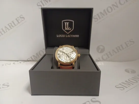 BOXED LOUIS LACOMBE MENS LUXURY CHRONOGRAPH WATCH - ROMAN NUMERAL DIAL - LEATHER STRAP 