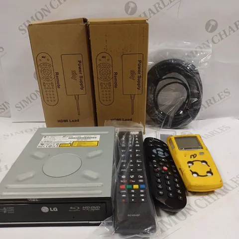 BOX TO CONTAIN APPROX. 12 X ASSORTED TECH PRODUCTS. INCLUDES CABLES, REMOTES, DVD PLAYER ETC