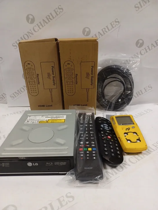 BOX TO CONTAIN APPROX. 12 X ASSORTED TECH PRODUCTS. INCLUDES CABLES, REMOTES, DVD PLAYER ETC