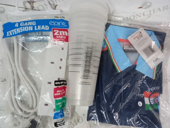 BOX OF APPROXIMATELY 10 ASSORTED HOUSEHOLD ITEMS TO INCLUDE BHARAT ARMY TOP IN NAVY SIZE L, COLOUR CHANGING REUSABLE COLD CUPS, ELPINE 4 GANG EXTENSION LEAD, ETC