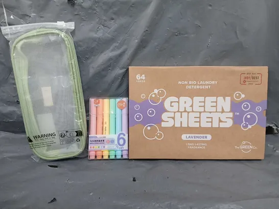 BOX OF APPROXIMATELY 12 ASSORTED ITEMS TO INCLUDE - GREEN SHEETS LAVENDER , HIGHLIGHTERS , BAG ETC