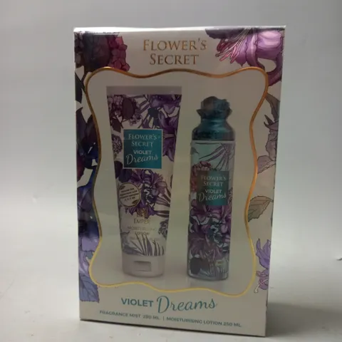 BOXED AND SEALED FLOWERS SECRET VIOLET DREAMS FRAGRANCE MIST 250ML AND MOISTURISING LOTION 250ML