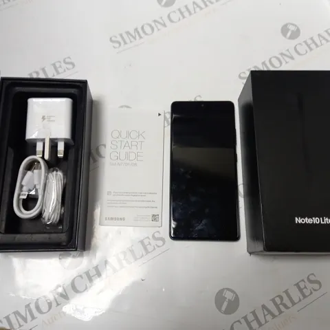 BOXED SAMSUNG NOTE 10 LITE IN BLACK, WITH POWER SUPPLY, EARPHONES, USB CABLES AND INSTRUCTIONS