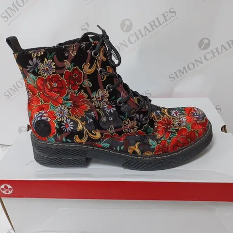 BOXED PAIR OF RIEKER LACE UP BOOTS MULTI/FLORAL PATTERN SIZE 6.5