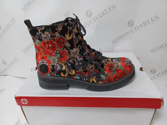 BOXED PAIR OF RIEKER LACE UP BOOTS MULTI/FLORAL PATTERN SIZE 6.5