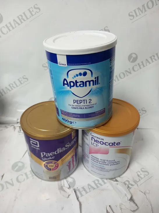 FIVE TUBS OF ASSORTED FOOD BASED PRODUCTS TO INCLUDE; APTAMIL PEPTI 2 400G, NUTRICIA NEOCATE LCP 400G AND ABBOTT PAEDIA SURE SHAKE 400G