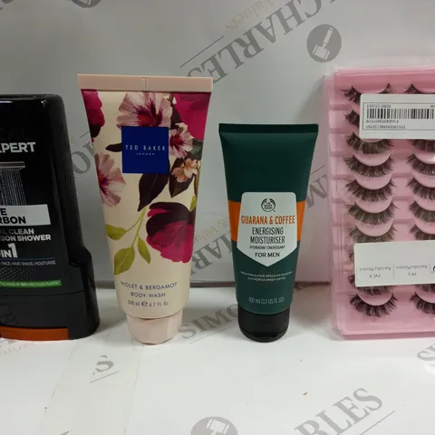 BOX OF APPROXIMATELY 20 ASSORTED COSMETICS TO INCLUDE LOREAL SHOWER GEL, TED BAKER BODY WASH, EYELASH SET ETC