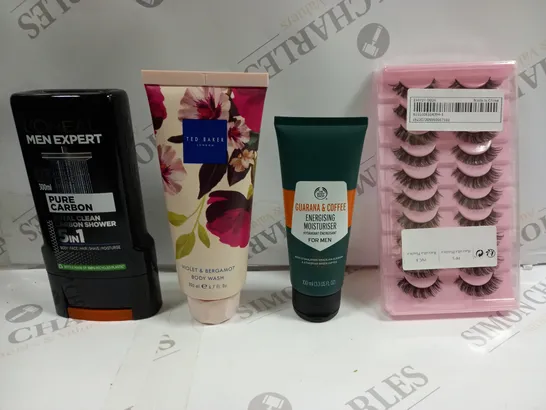 BOX OF APPROXIMATELY 20 ASSORTED COSMETICS TO INCLUDE LOREAL SHOWER GEL, TED BAKER BODY WASH, EYELASH SET ETC