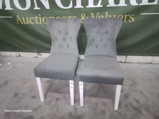 PAIR BEWLEY GREY VELVET BUTTONED BACK DINING CHAIRS WHITE LEGS