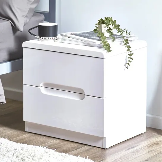 BOXED MULAK 2 DRAWER BEDSIDE TABLE - WHITE HIGH GLOSS (1 BOX)