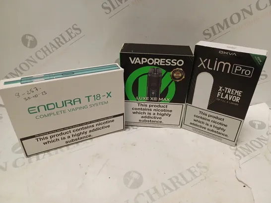 APPROXIMATELY 20 VAPES & E-CIGARETTES TO INCLUDE ENDURA T18-X, VAPORESSO LUKE XR MAX, XLIM PRO, ETC