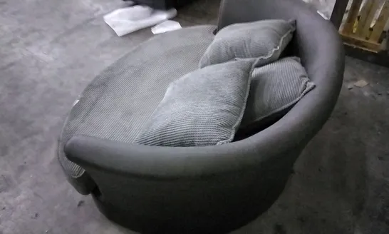 QUALITY LOVESEAT WITH ELEPHANT GREY CUSHIONS AND LEATHER BACK WITH SCATTERBACK CUSHIONS