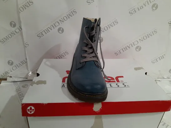 BOXED PAIR OF RIEKER LACE ANKLE BOOTS BLUE SIZE 6