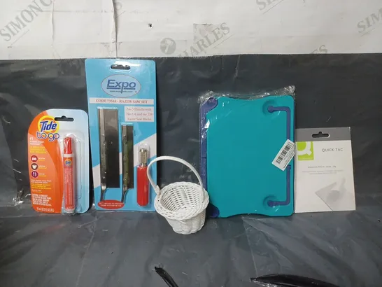 BOX OF APPROXIMATELY 12 ASSORTED ITEMS TO INCLUDE -  QUICK TAC , EXPO RAZOR SAW SET , TIDE TO GO INSTANT STAIN REMOVER ETC