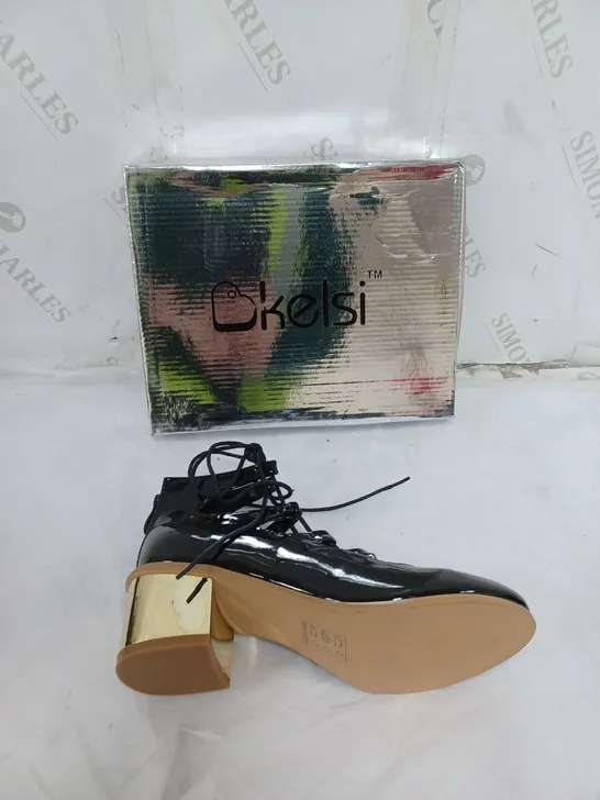 APPROXIMATELY 10 PAIRS  OF BOXED KELSI BLACK BLOCK HEEL LACED BOOT IN VARIOUS SIZES 