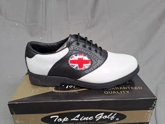 BOX OF APPROXIMATLY 12 BLACK AND WHITE TOP LINE GOLF SHOES IN VARIOUS SIZE 