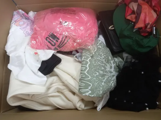 BOX OF APPROXIMATELY 25 ASSORTED CLOTHING ITEMS TO INCUDE - SOCKS , JUMPERS , T-SHIRTS , TROUSERS,HATS  ECT 