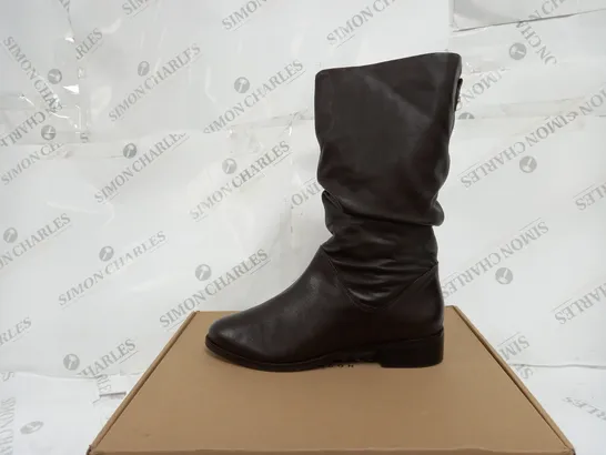 BOXED PAIR OF DUNE LONDON CALF BOOTS IN BROWN SIZE 6