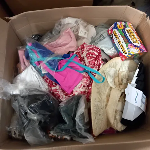  BOX OF ASSORTED CLOTHING ITEMS TOO INCLUDE DRESSES , SHIRTS AND TROUSERS IN VARIOUS SIZES AND COLOURS   