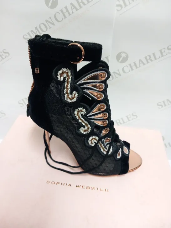 BOXED PAIR OF SOPHIA WEBSTER SELINA BLACK AD ROSE GOLD SANDAL BOOTIE SIZE 38