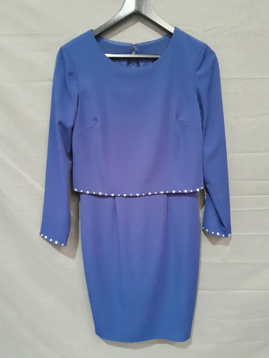 GINA BACCONI SLEEVED BLUE SEQUIN TRIMMED DRESS - UK 10