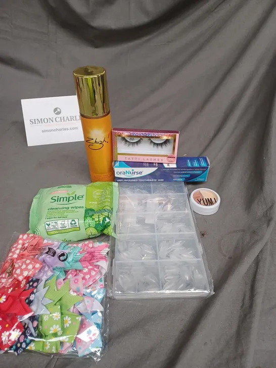 APPROXIMATELY 20 ASSORTED COSMETIC PRODUCTS TO INCLUDE ORANURSE TOOTHPASTE, SIMPLE CLEANSING WIPES, AND TATTI LASHES