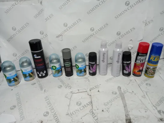 APPROXIMATELY 15 ASSORTED AEROSOLS TO INCLUDE LYNX, AIR WICK, AND WAVES CHERRY ETC.