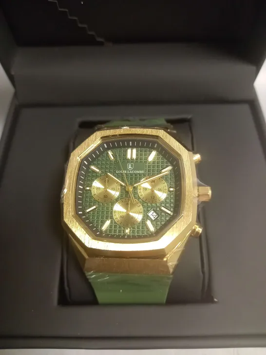 BOXED LOUIS LACOMBE SILICONE WRIST WATCH IN GOLD/GREEN