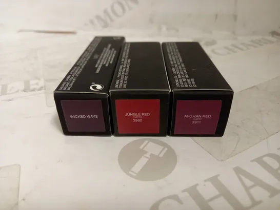 LOT OF 3 ASSORTED NARS PRODUCTS TO INCLUDE AFTERGLOW LIP BALM - WICKED WAYS, SATIN LIPSTICK - JUNGLE RED & AFGHAN RED 